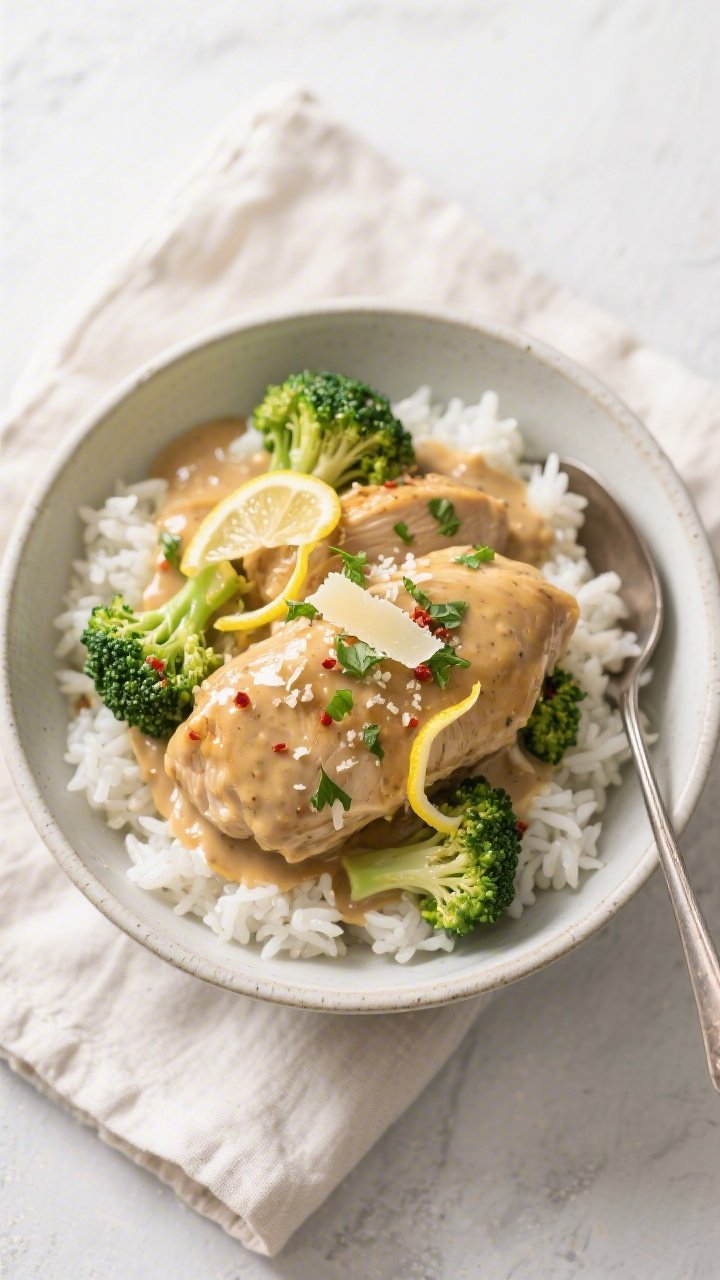 Final plated bowl, top-down: Overhead shot of Creamy Garlic Chicken & Broccoli Bowls over fluffy whi