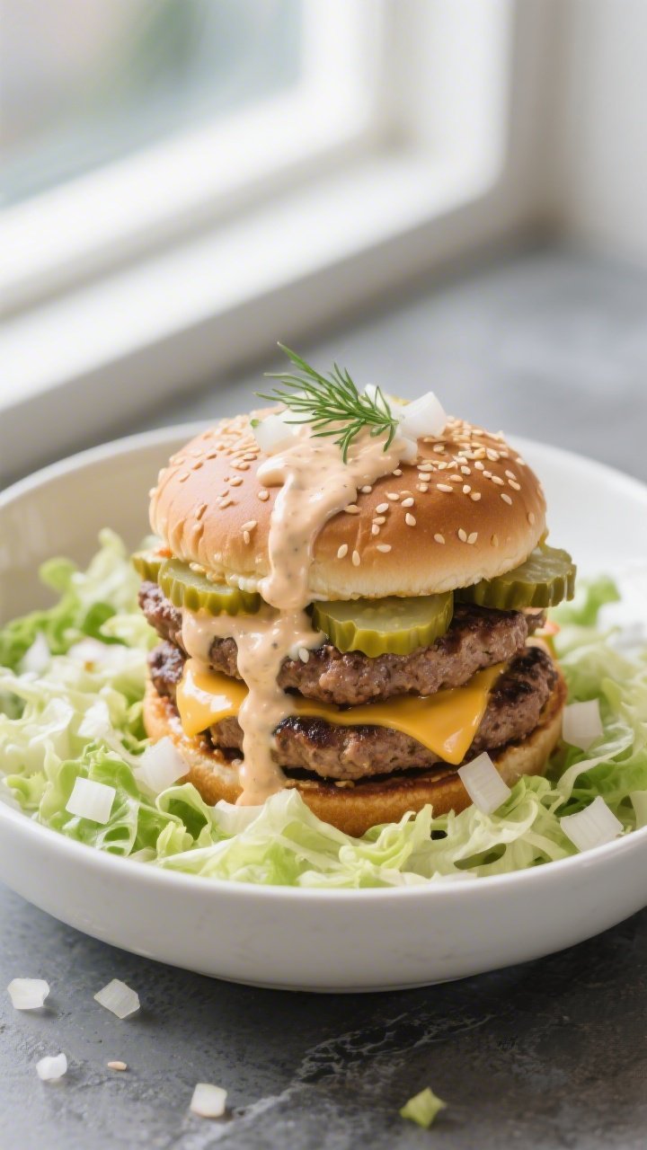Final plated, bunless bowl: Double-stacked Keto Big Mac Smash Burgers set on a bed of finely shredde