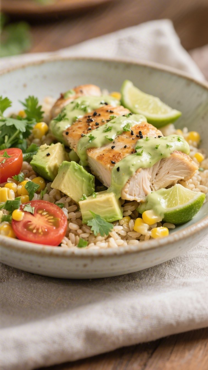 Final plated, close-up detail: Beautifully plated Avocado Lime Chicken Bowl with a hero focus on the