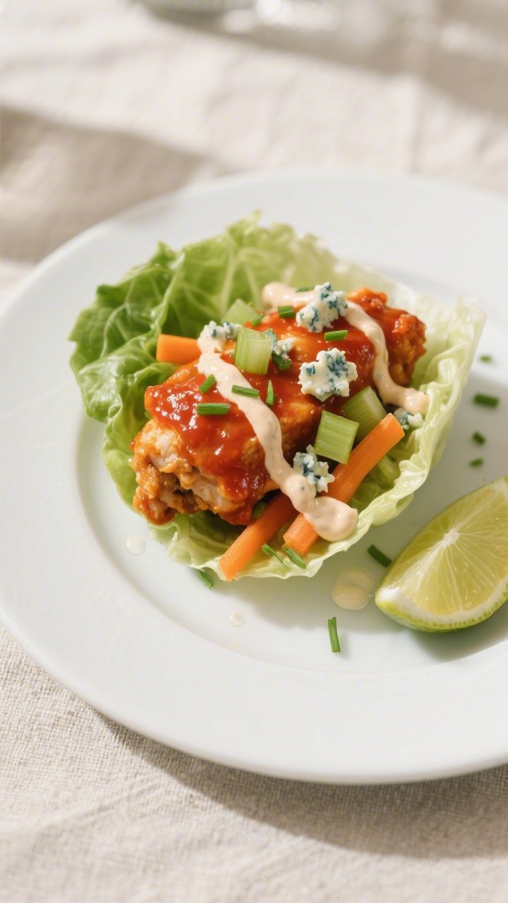 Final plated close-up detail: Buffalo chicken nestled in crisp butter lettuce cups, saucy and vibran