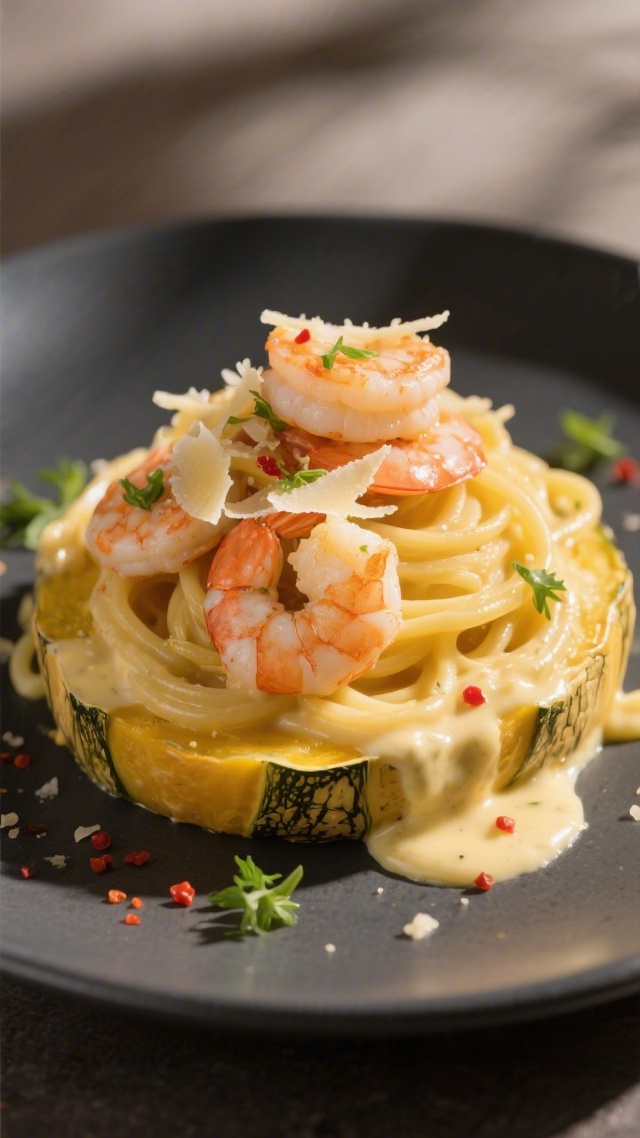 Final plated close-up detail: Elegant restaurant-style presentation of shrimp Alfredo over spaghetti
