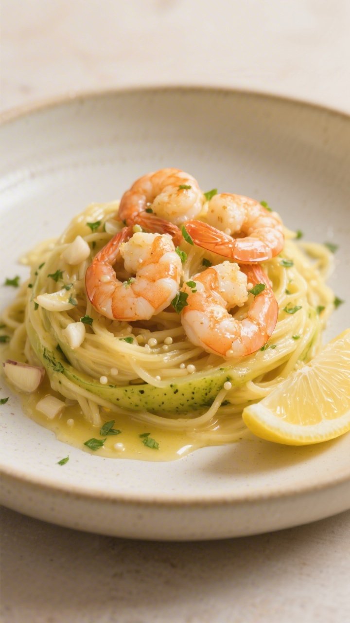 Final plated, close-up elegance: Beautifully plated Keto Lemon Butter Shrimp Spaghetti Squash mounde
