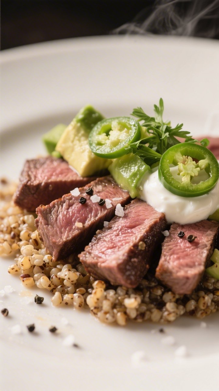Final plated, close-up presentation: Thin slices of rested steak cut against the grain, laid over a 