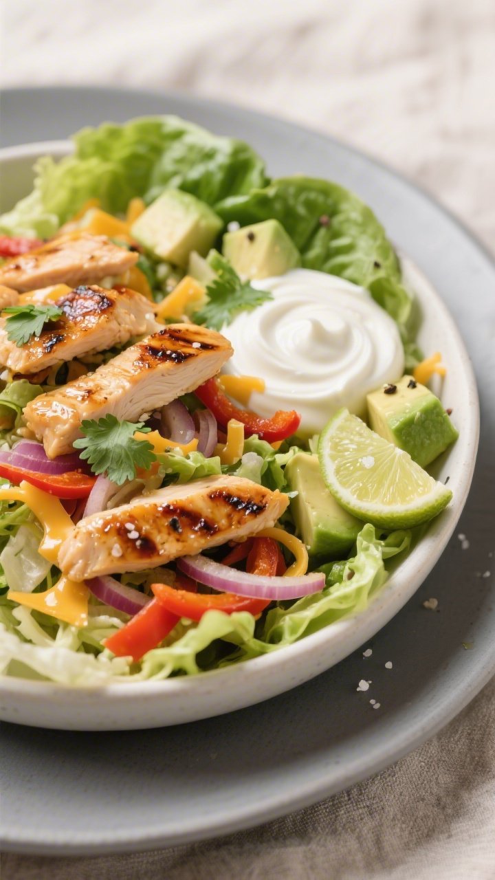 Final plated detail: Close-up of a lettuce-based keto chicken fajita bowl, focus on glistening chick