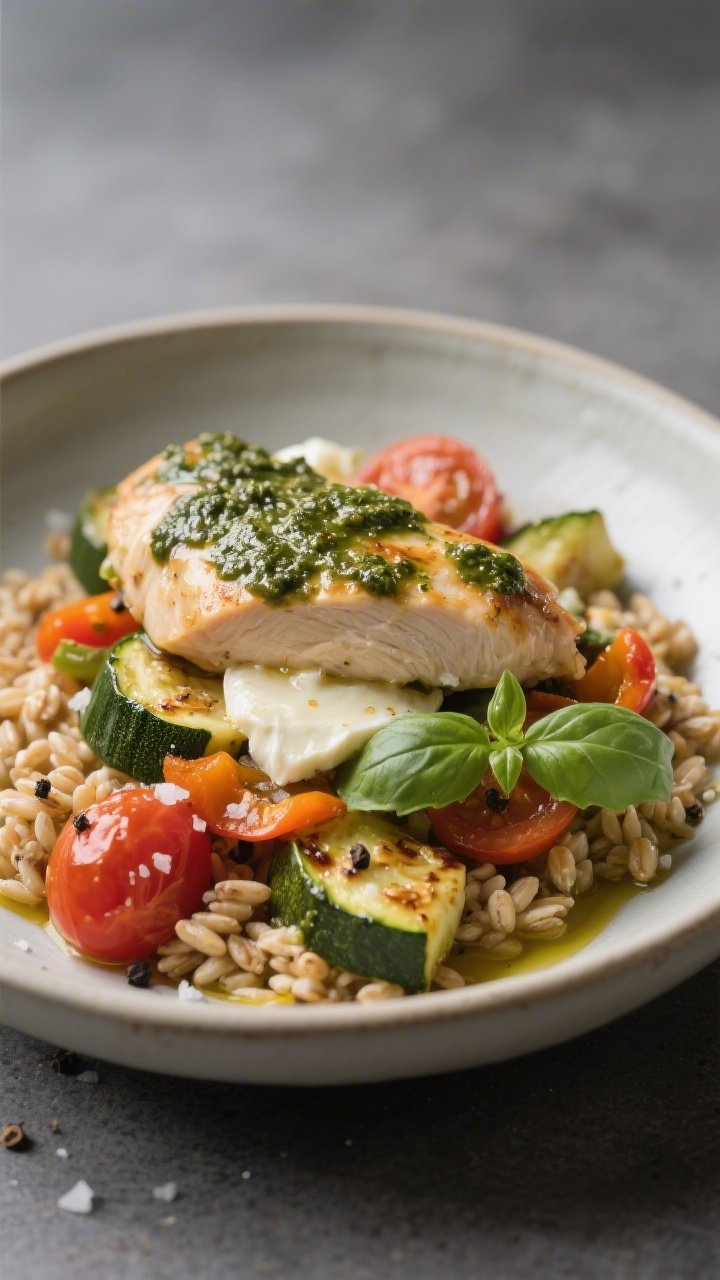 Final plated detail: Close-up of the finished bowl served over farro, focusing on the glossy pesto s