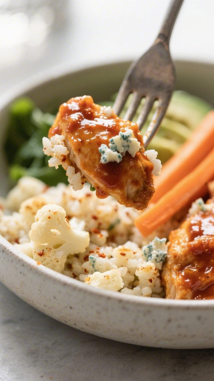Final plated detail: Macro close-up of a forkful hovering above the bowl showing a juicy buffalo chi