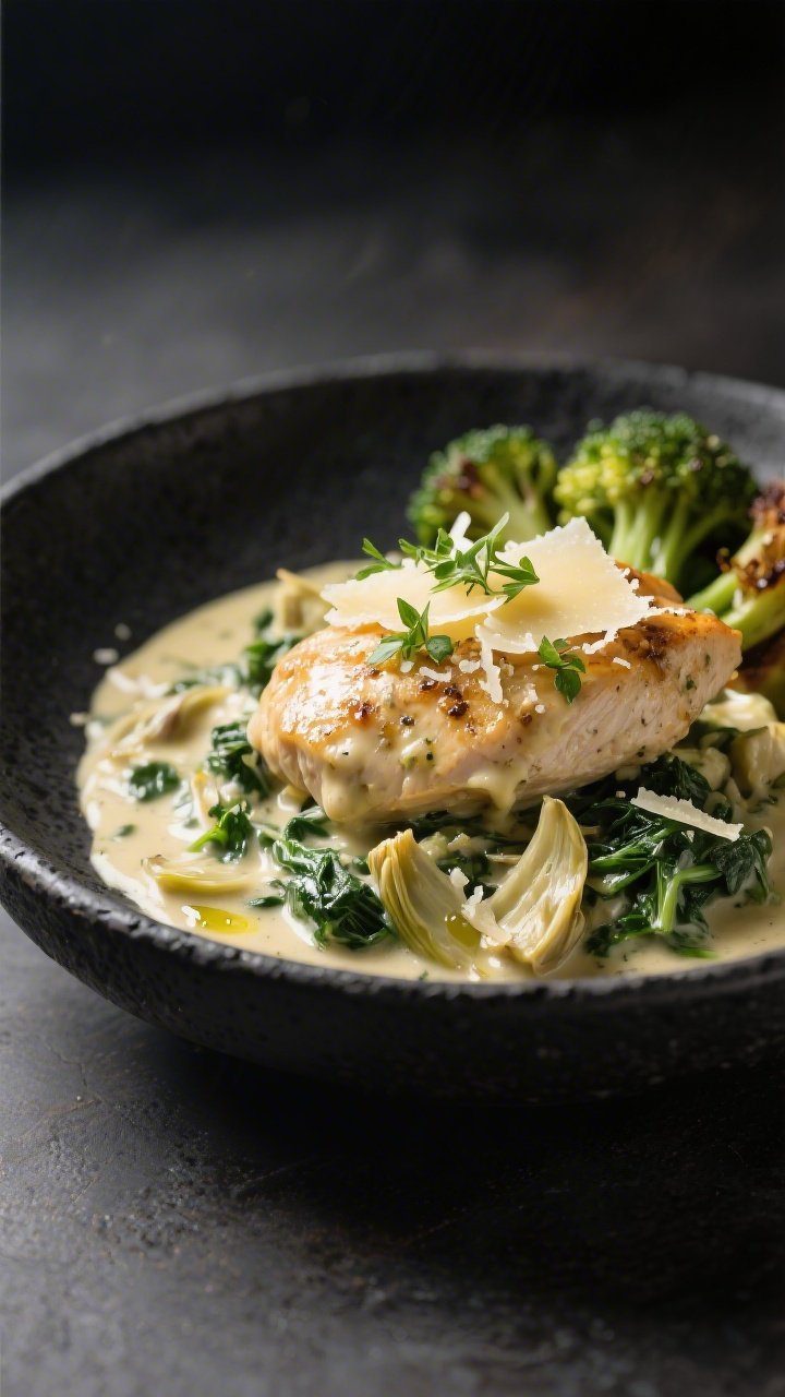 Final plated detail: Restaurant-quality presentation of the creamy spinach artichoke chicken mounded