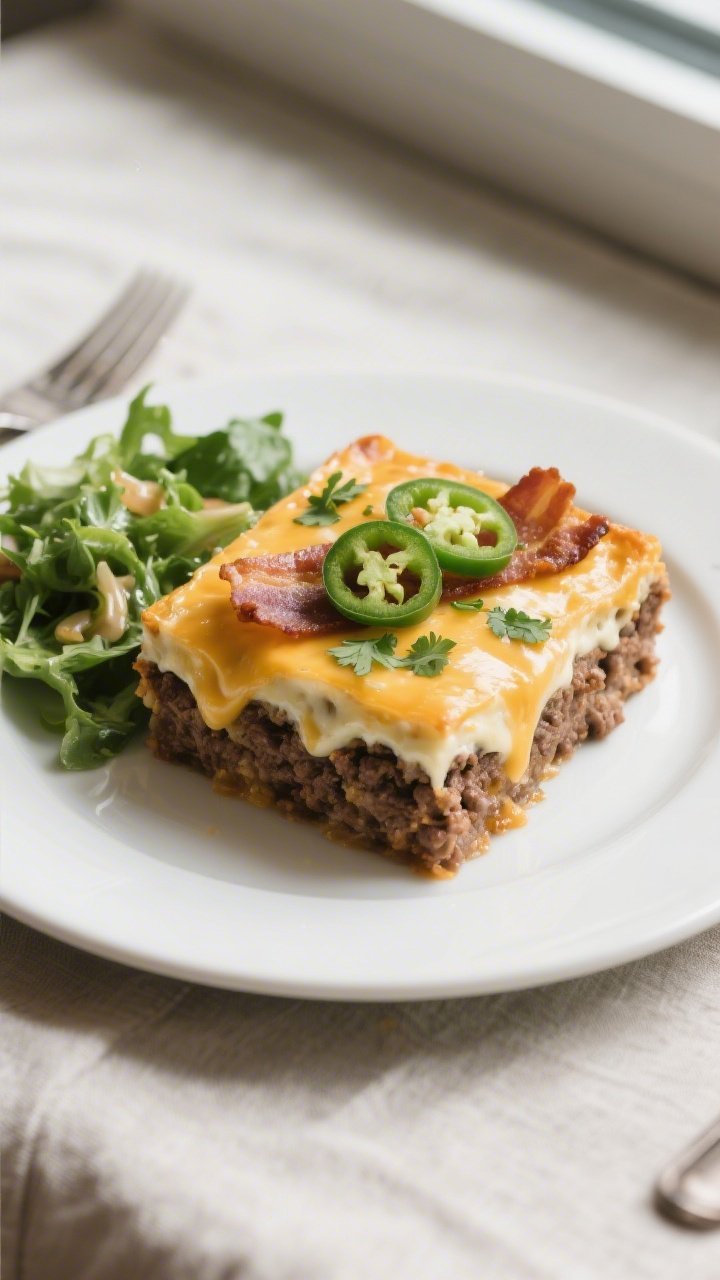 Final plated dish: A generous square of the jalapeño popper hamburger bake plated on a matte white