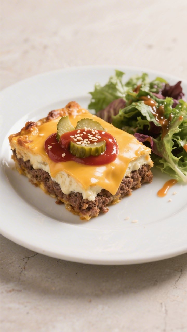 Final plated dish: A generous square slice of Keto Double Cheeseburger Casserole on a white ceramic 