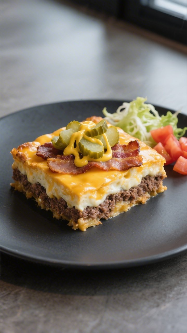 Final plated dish: A neatly cut square of cheeseburger casserole on a matte charcoal plate, layers v