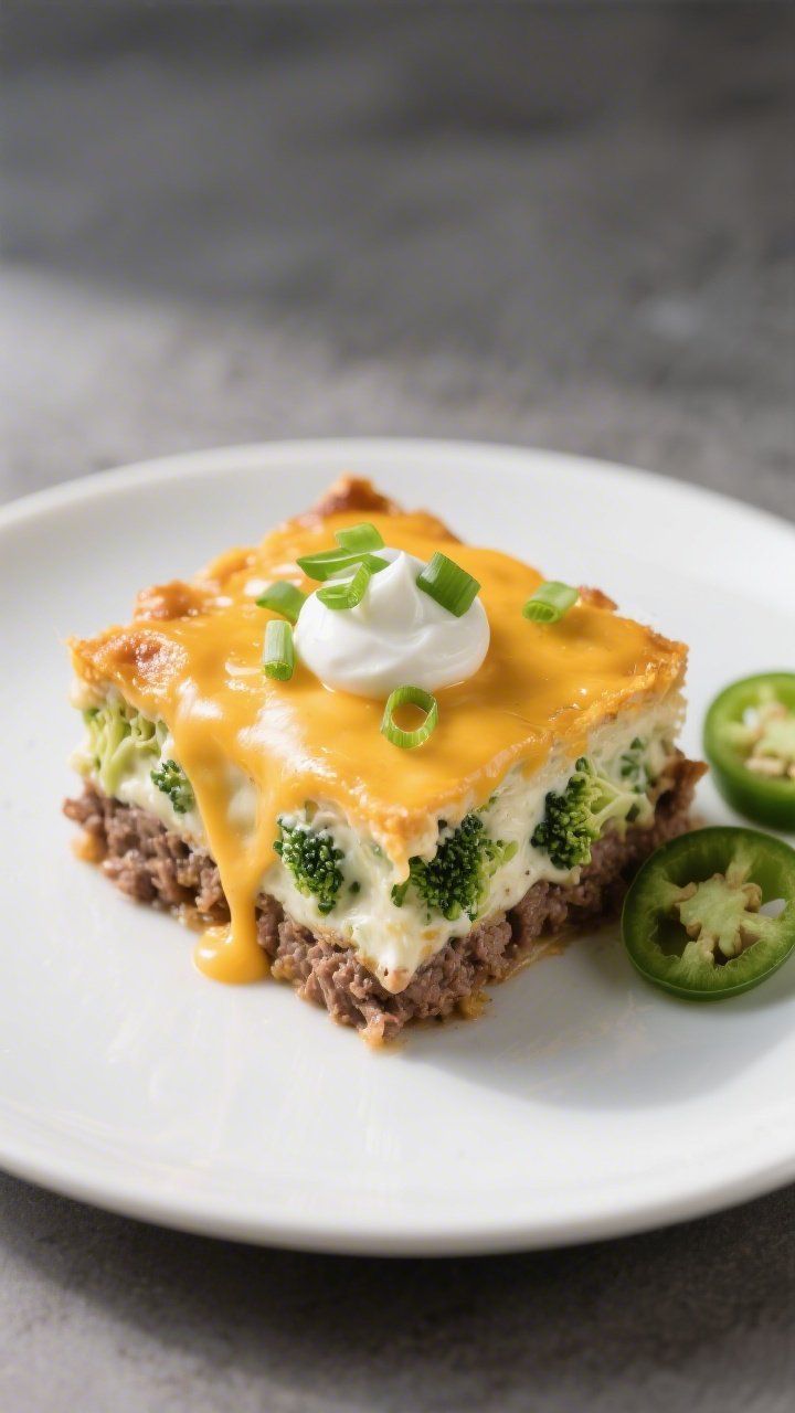 Final plated dish: A neatly cut square of Keto Crack Hamburger Casserole served on a matte white pla