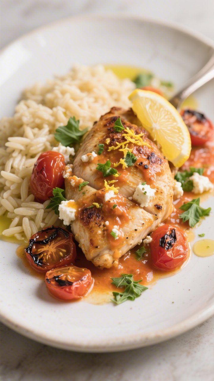 Final plated dish: Beautifully plated Baked Feta Chicken with roasted tomatoes and creamy feta-tomat