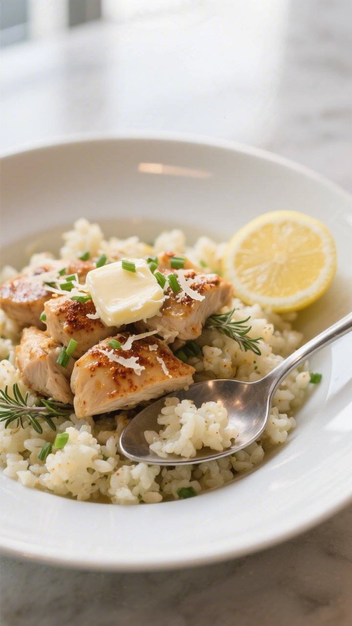 Final plated dish: Beautifully plated bowl of keto chicken and cauliflower rice, spooned into a wide