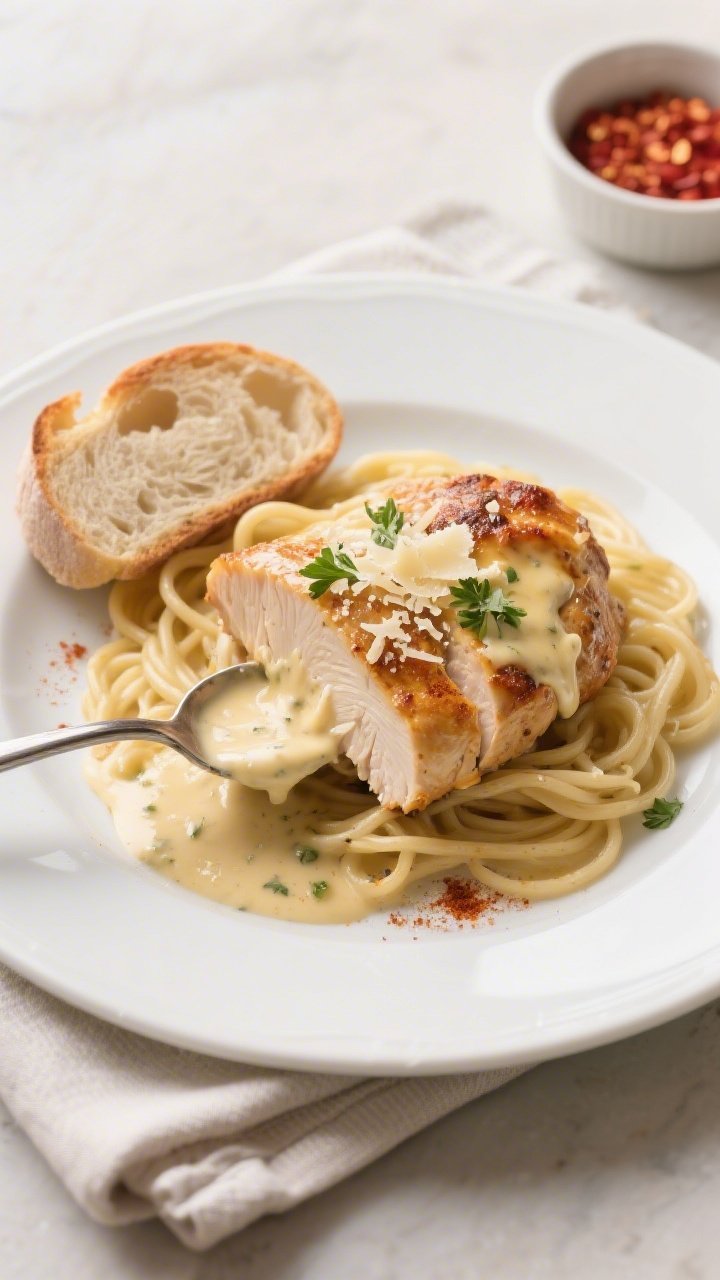 Final plated dish: Beautifully plated Cheesy Garlic Butter Chicken on a wide white dinner plate, cut