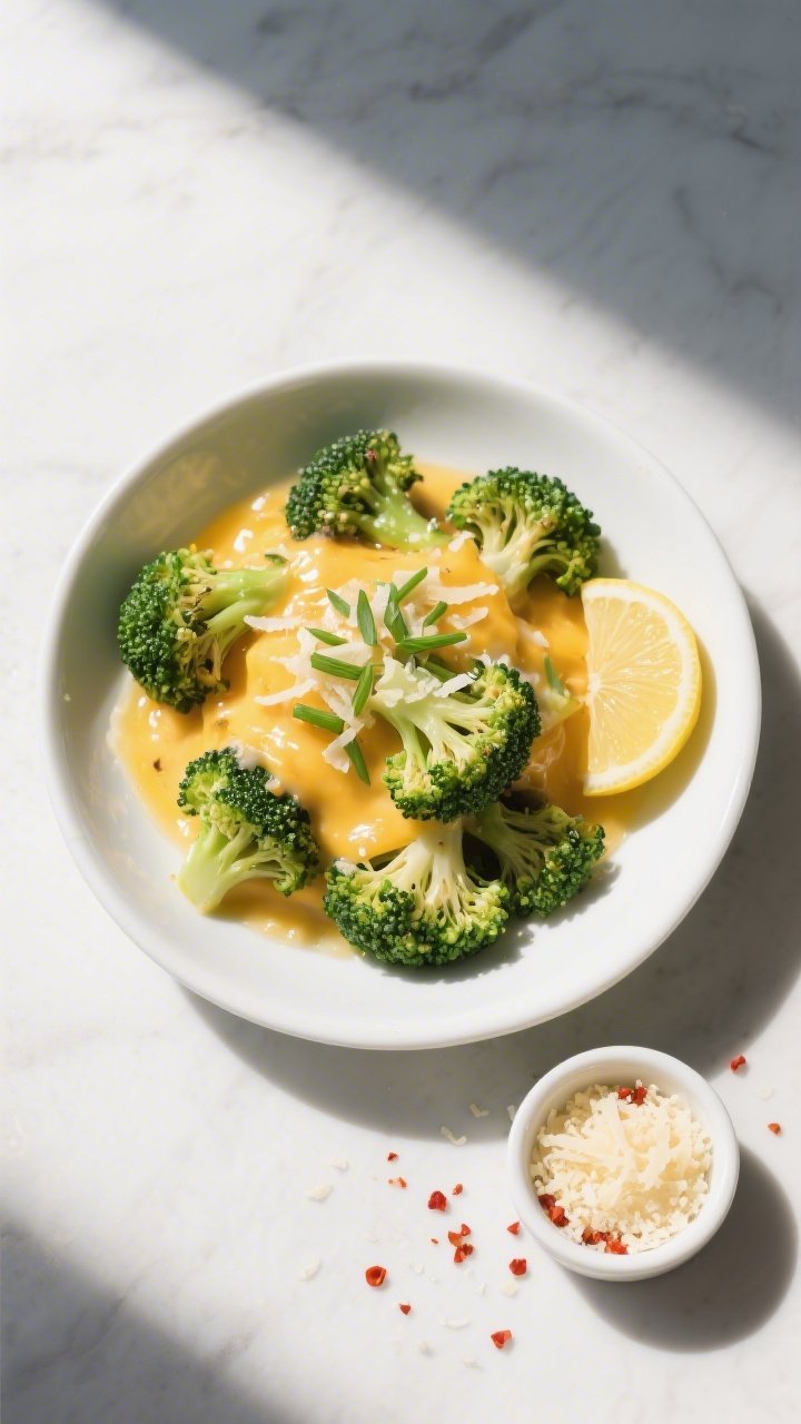 Final plated dish: Beautifully plated Keto Cheesy Garlic Butter Broccoli in a shallow white ceramic