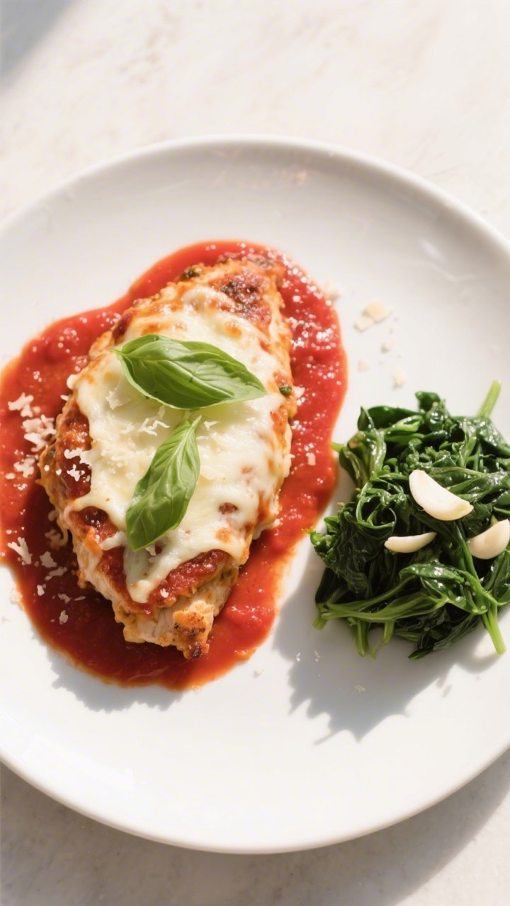 Final plated dish: Beautifully plated Keto Chicken Parmesan on a matte white dinner plate, a generou