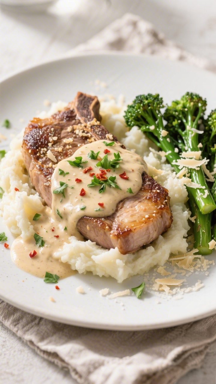 Final plated dish: Beautifully plated Keto Crockpot Garlic Parmesan Pork Chops on a matte white plat