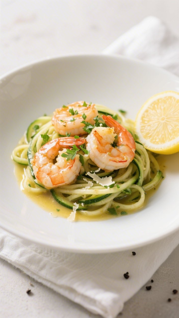 Final plated dish, : Beautifully plated keto lemon garlic butter shrimp over twirled zucchini noodle