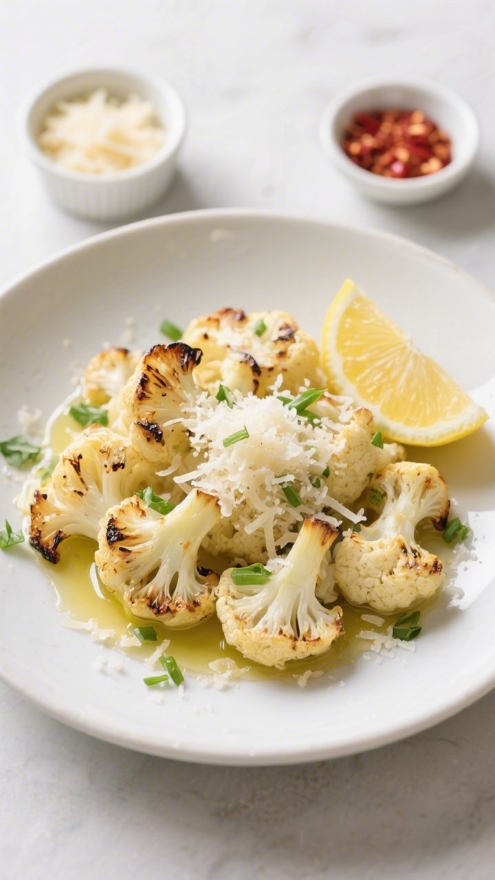 Final plated dish: Beautifully plated Keto Roasted Garlic Cauliflower on a matte white shallow bowl,