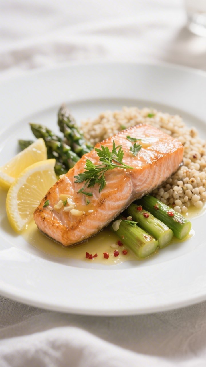 Final plated dish, : Beautifully plated lemon garlic salmon with asparagus on a matte white dinner p
