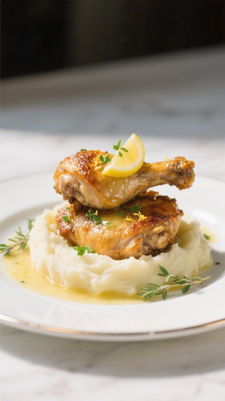 Final plated dish: Beautifully plated Lemon Garlic Butter Chicken Thighs on a wide white rimmed plat