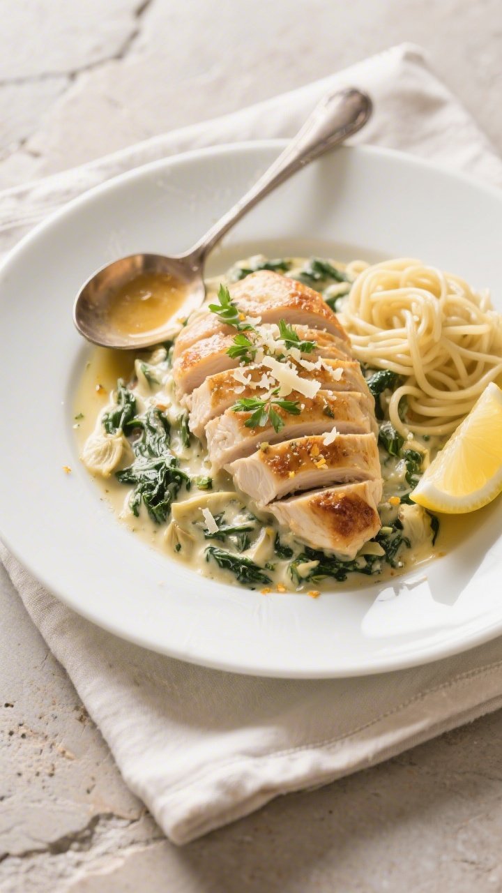 Final plated dish, : Beautifully plated Spinach Artichoke Chicken Bake on a matte white dinner plate