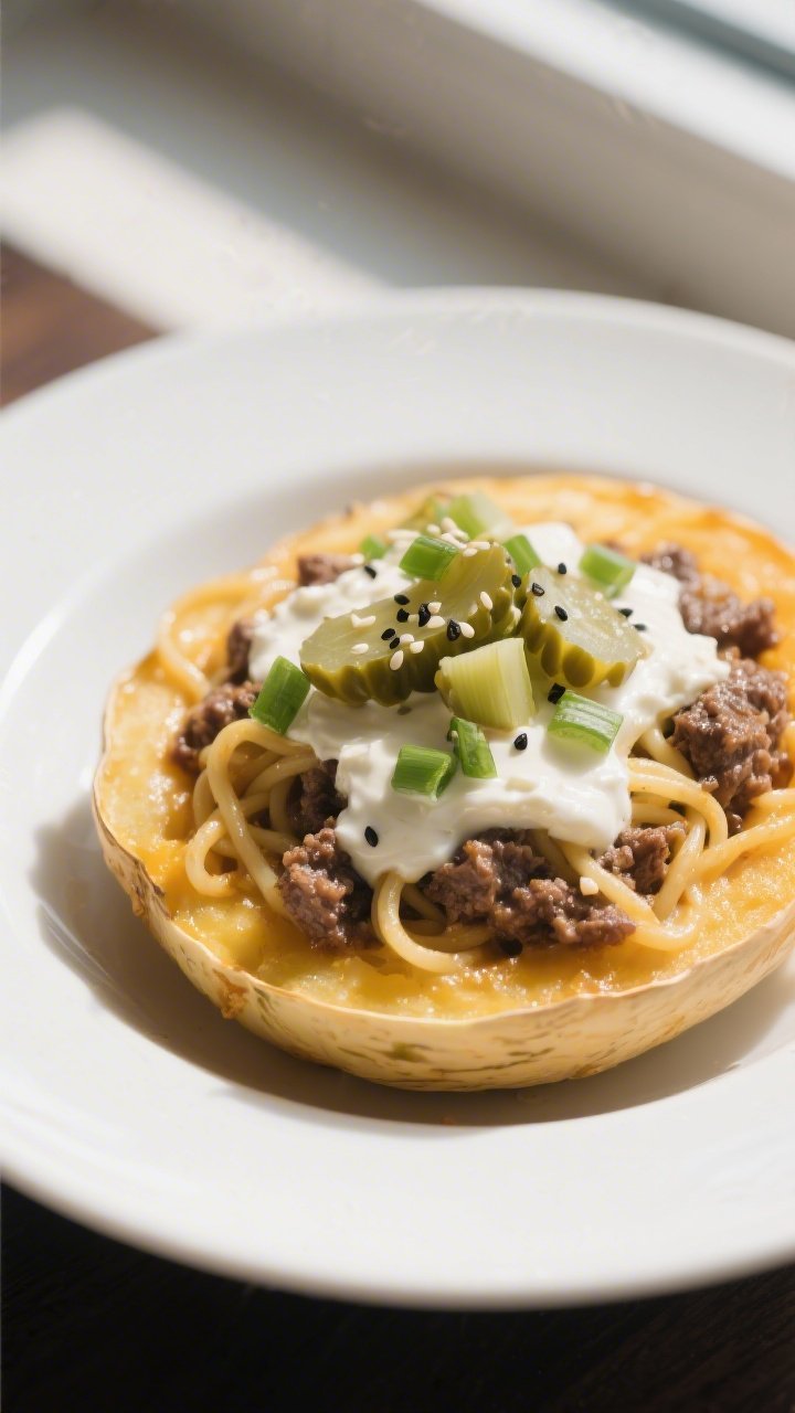 Final plated dish beauty: A generous serving of the cheeseburger spaghetti squash scooped into a sha