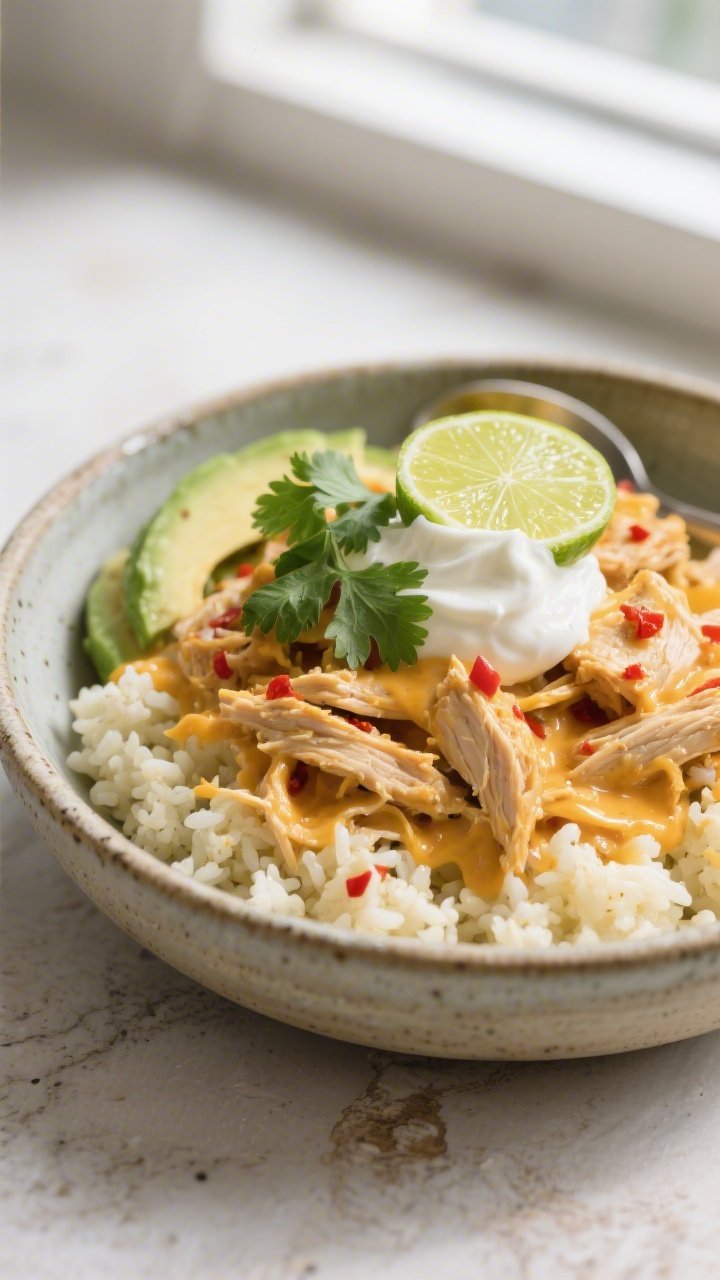 Final plated dish beauty: Bowl of creamy, cheesy shredded taco chicken spooned over cauliflower rice
