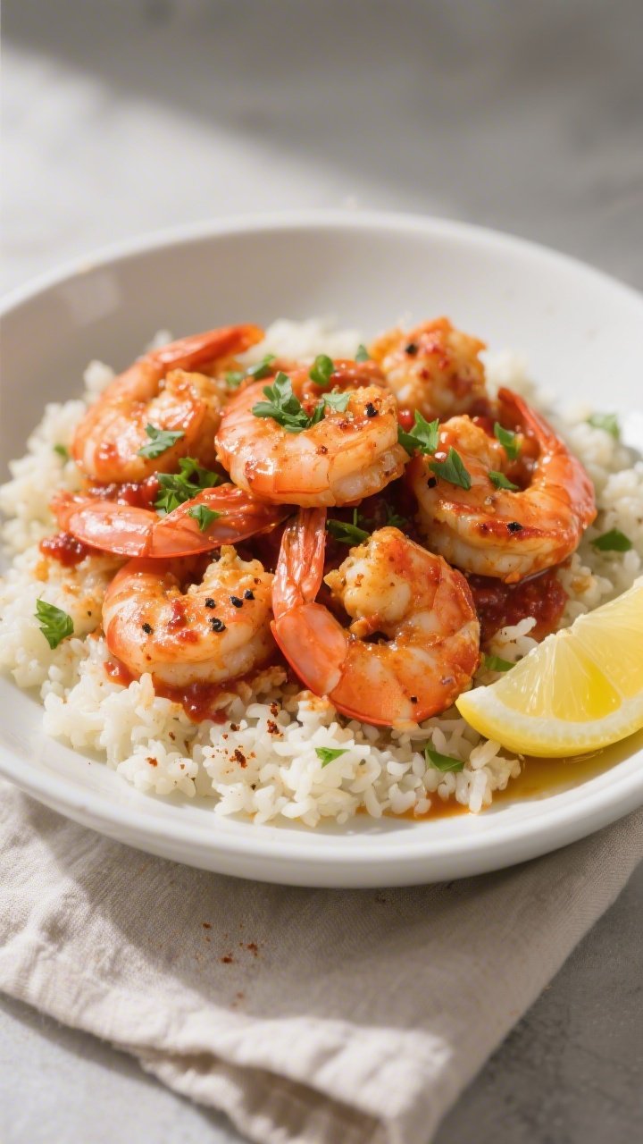 Final plated dish beauty: Keto Crockpot Spicy Cajun Shrimp served over fluffy cauliflower rice in a