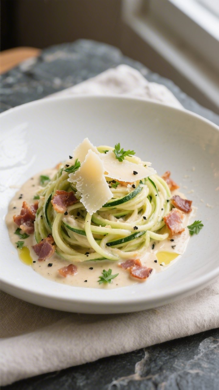 Final plated dish beauty: Keto zucchini noodle carbonara twirled into a neat nest on a matte white s