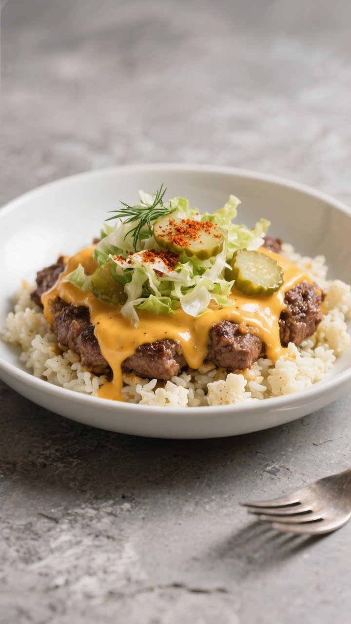 Final plated dish, beauty shot: A generous scoop of the Low Carb Cheeseburger Skillet plated in a sh