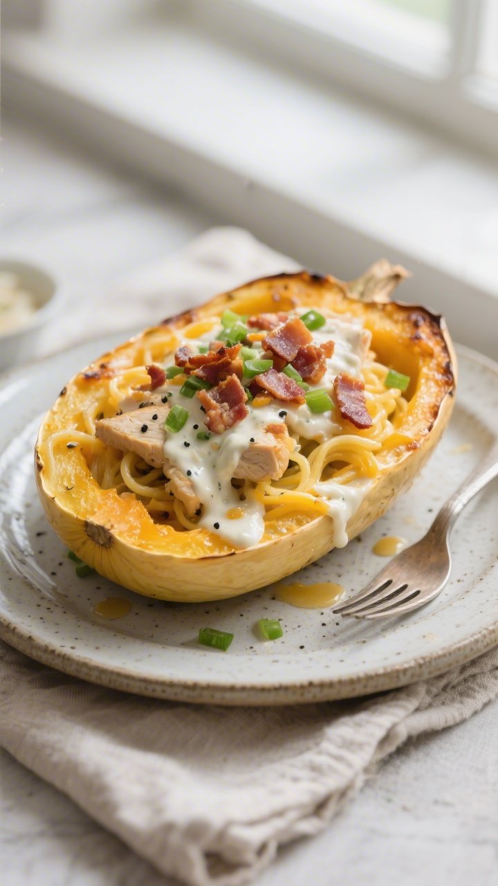 Final plated dish, beauty shot: A generous scoop of Keto Loaded Ranch Chicken Spaghetti Squash serve