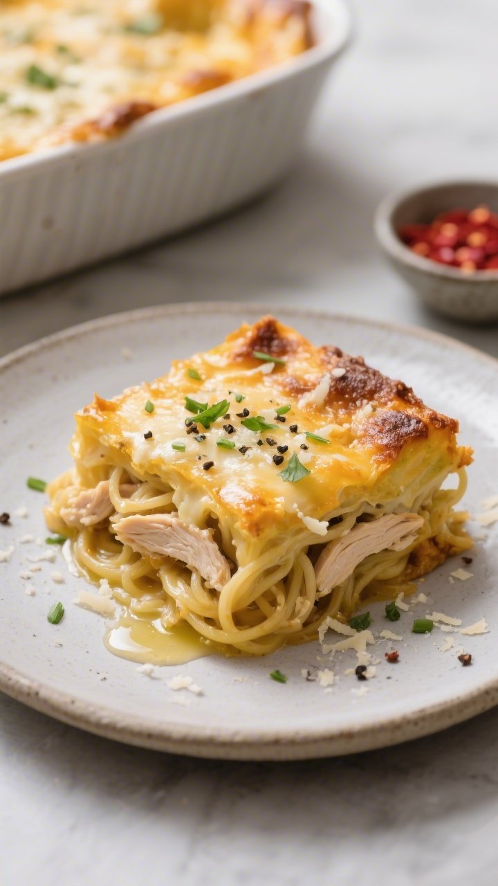 Final plated dish, beauty shot: A generous square of the cheesy chicken spaghetti squash bake served