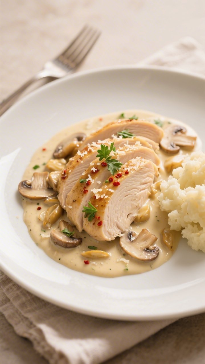 Final plated dish beauty shot: Creamy Mushroom Keto Chicken elegantly plated on a matte white dinner