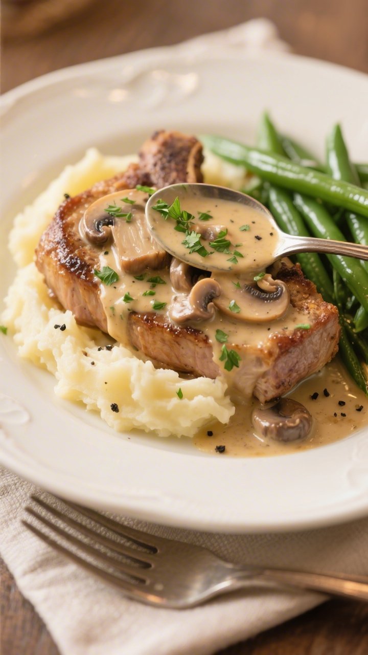 Final plated dish beauty shot: Creamy Mushroom Pork Chop elegantly plated over buttery mashed potato