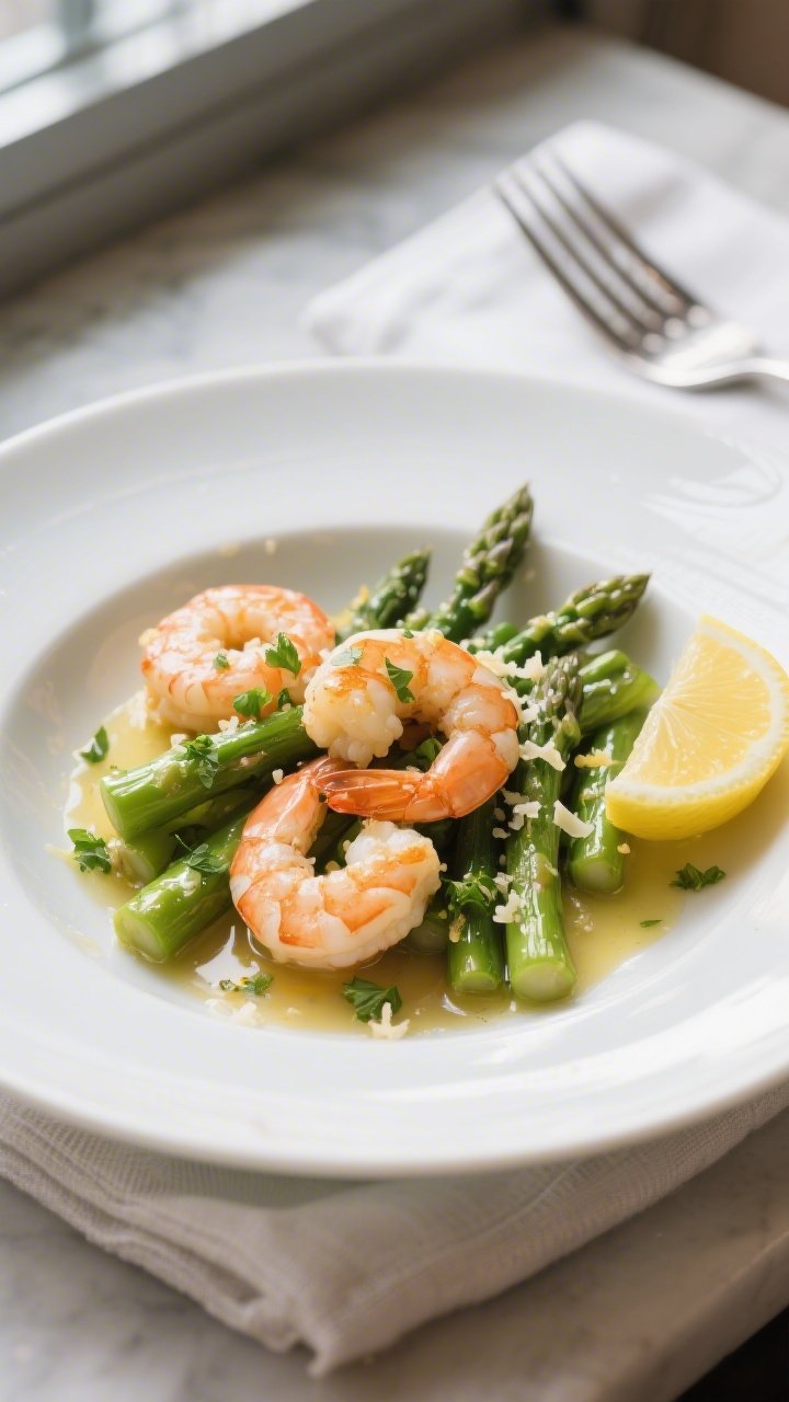Final plated dish beauty shot: Garlic Butter Shrimp & Asparagus elegantly arranged on a wide white s