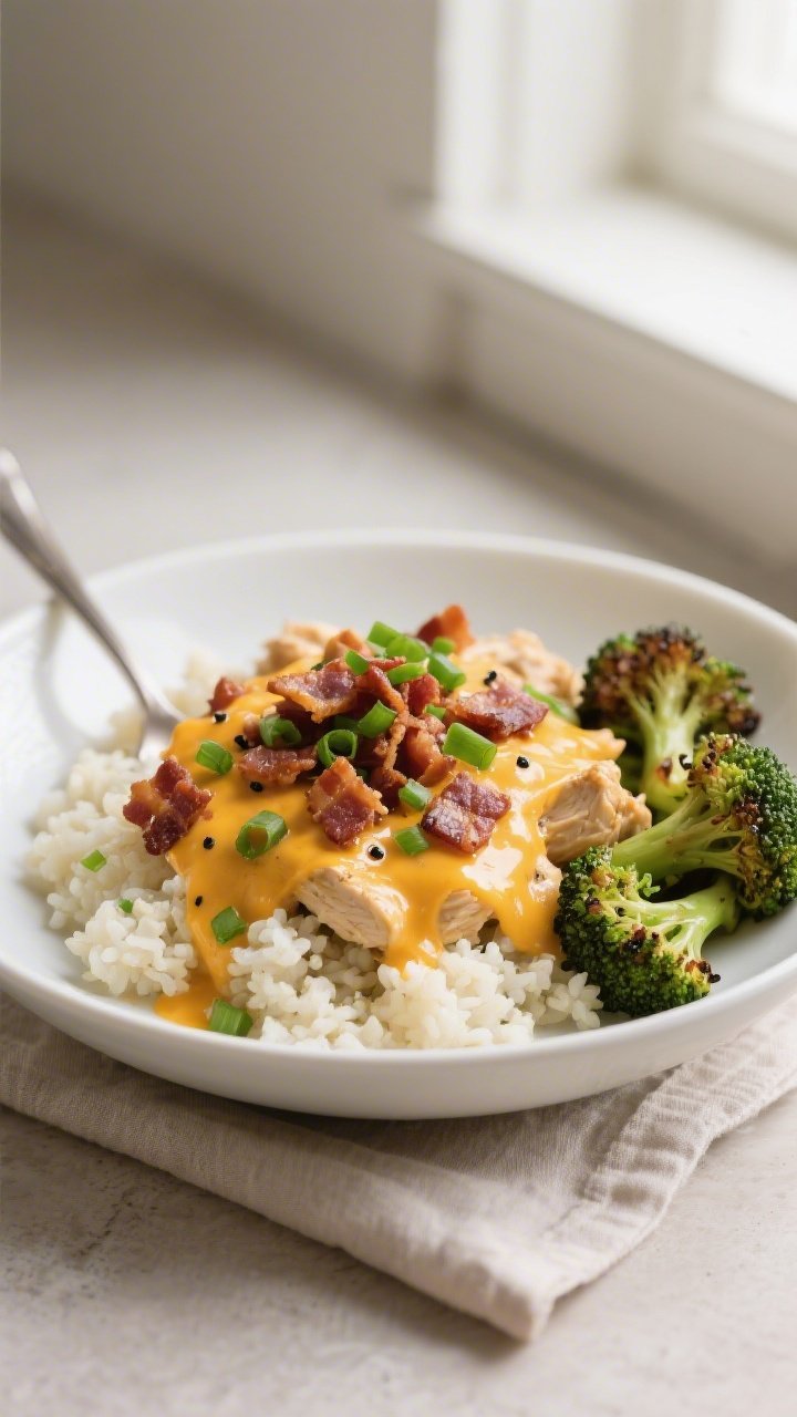 Final plated dish beauty shot: Keto Crack Chicken spooned over fluffy cauliflower rice in a wide whi