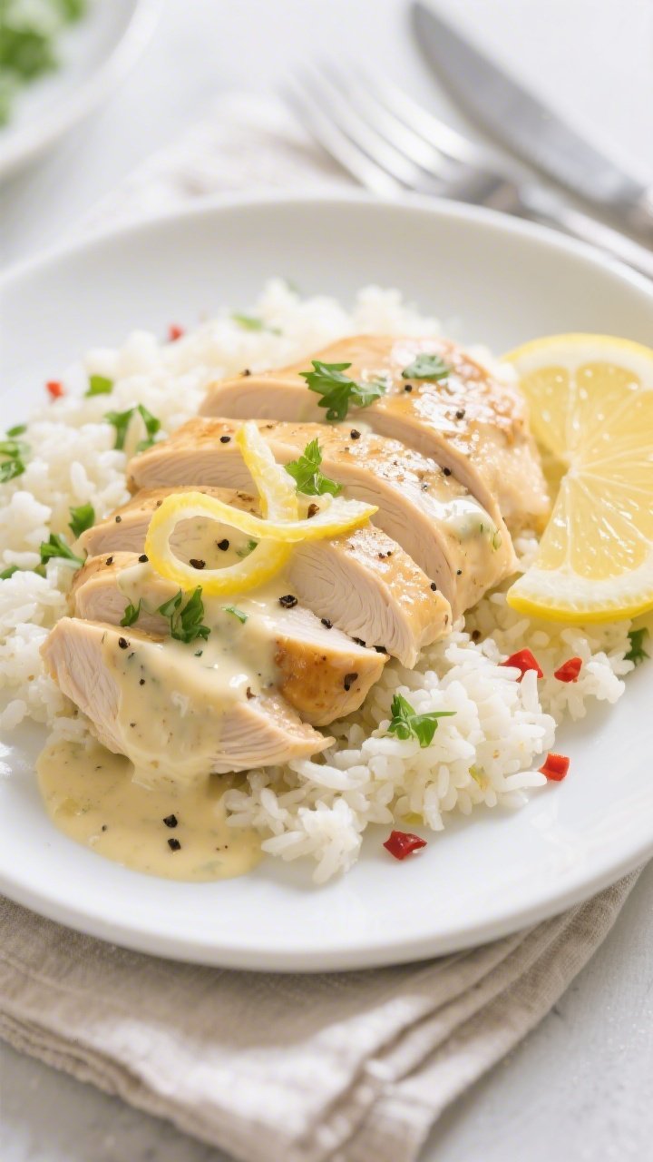 Final plated dish beauty shot: Keto Crockpot Zesty Lemon Chicken sliced and fanned on a white cerami