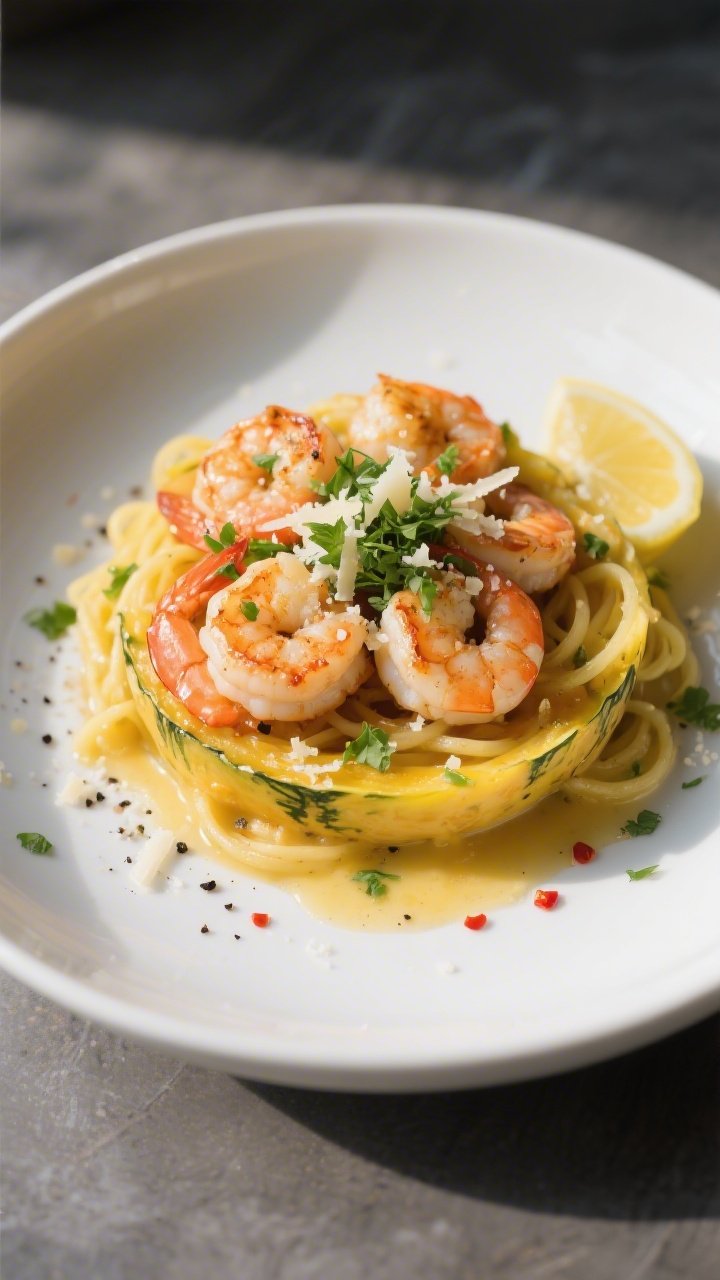 Final plated dish beauty shot: Keto Shrimp Scampi with spaghetti squash twirled into a cozy nest on 