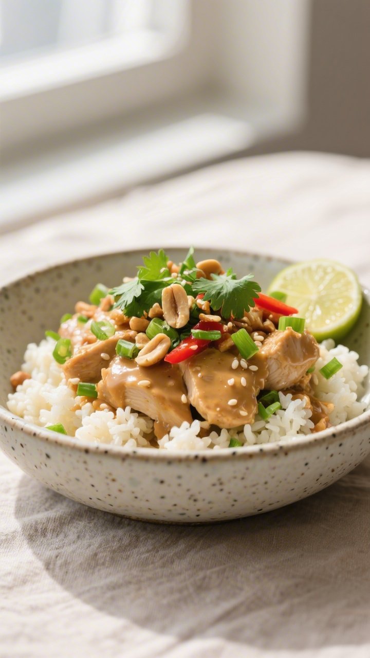 Final plated dish beauty shot: Restaurant-quality bowl of Keto Thai Peanut Chicken over fluffy cauli
