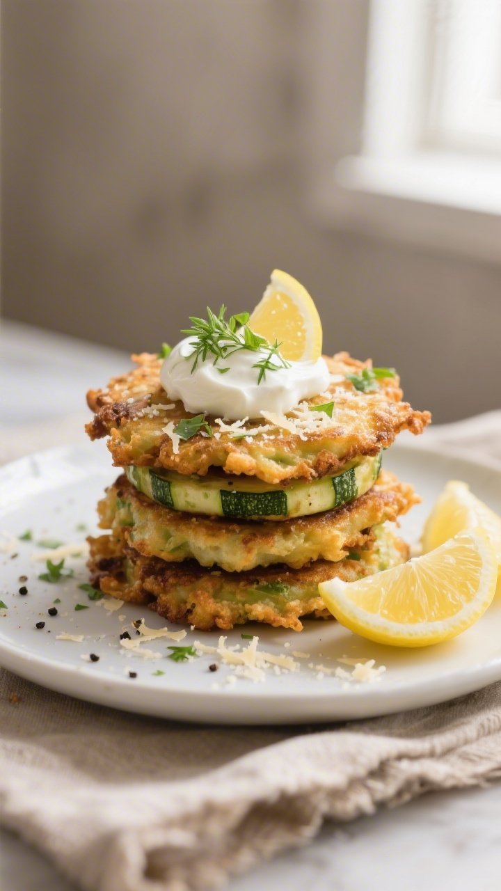 Final plated dish, beauty shot: Stack of crispy zucchini fritters on a matte white plate, topped wit