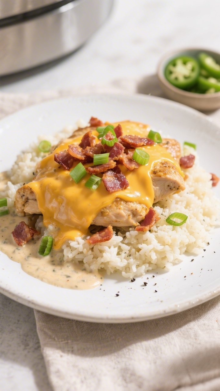 Final plated dish beauty: Slow Cooker Keto Cheddar Bacon Chicken heaped over buttery cauliflower ric