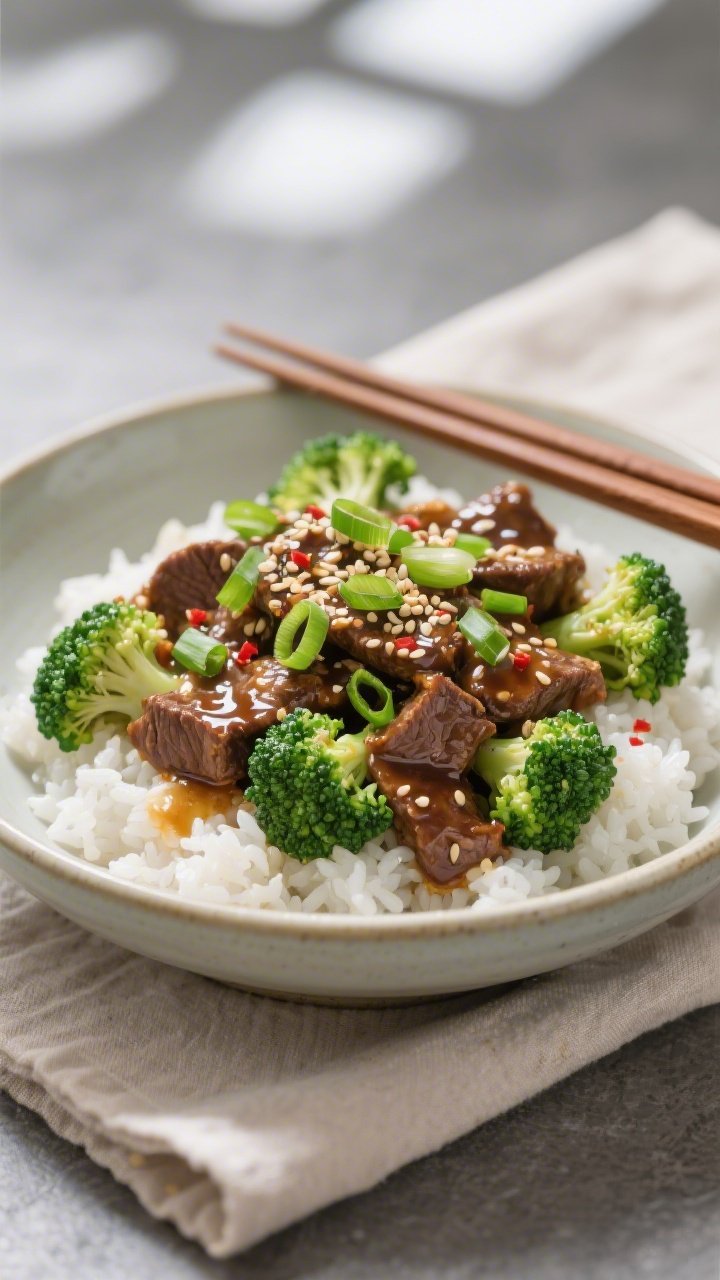 Final plated dish beauty: Teriyaki Beef & Broccoli served over fluffy white rice in a wide, shallow 