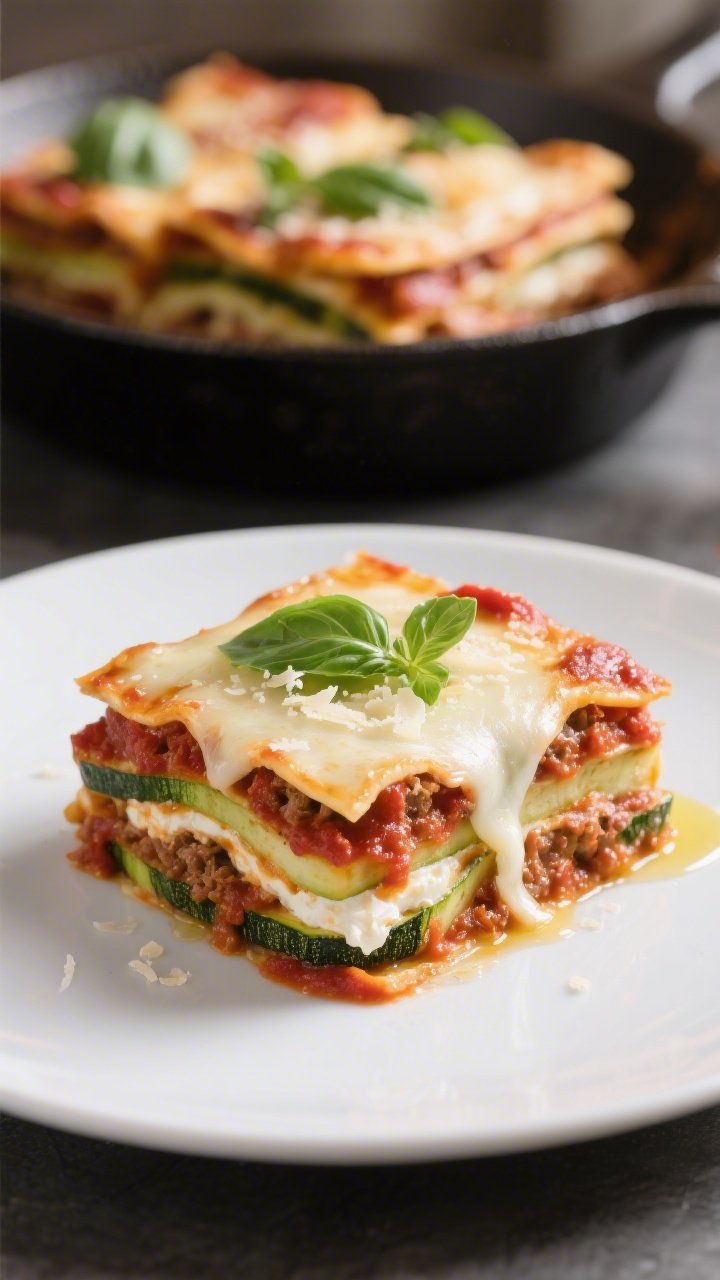 Final plated dish, close-up detail: A single square of zucchini lasagna plated on a matte white plat