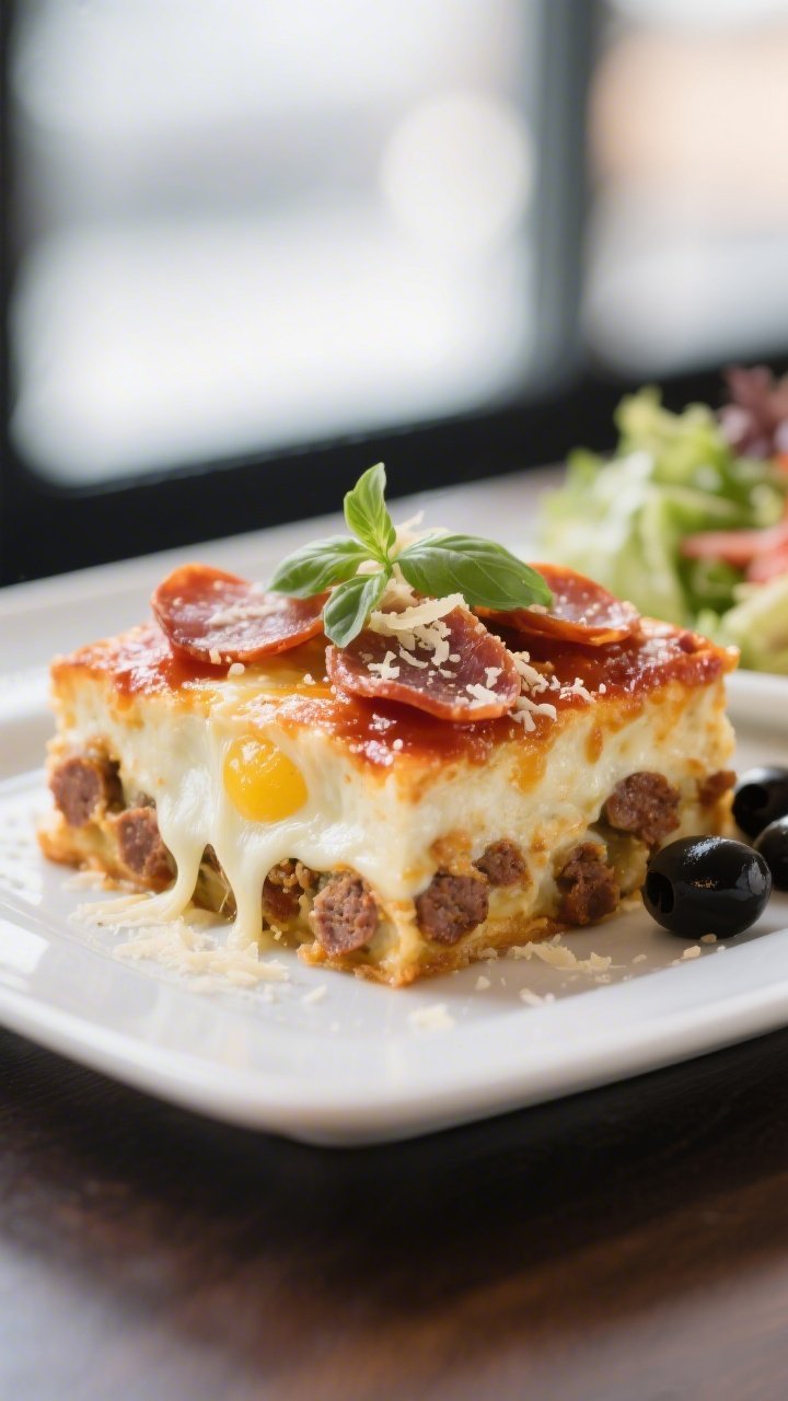 Final plated dish — Close-up plate presentation of a single square serving: layers visible with th