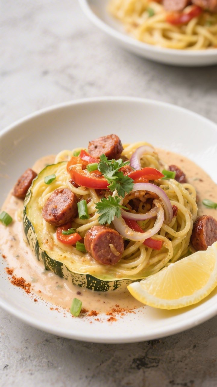Final plated dish: Keto Cajun Sausage Spaghetti Squash elegantly twirled into a shallow white bowl,