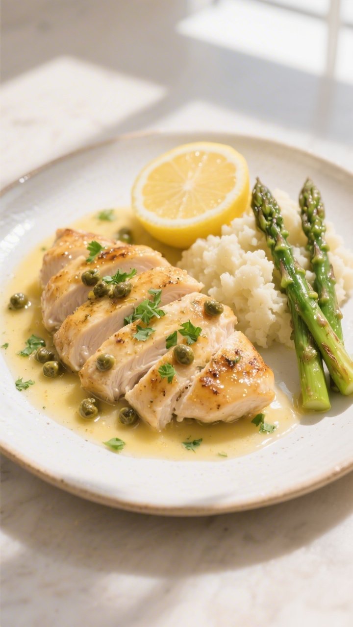 Final plated dish, : Keto Chicken Piccata arranged on a warm white ceramic plate, thin cutlets neste