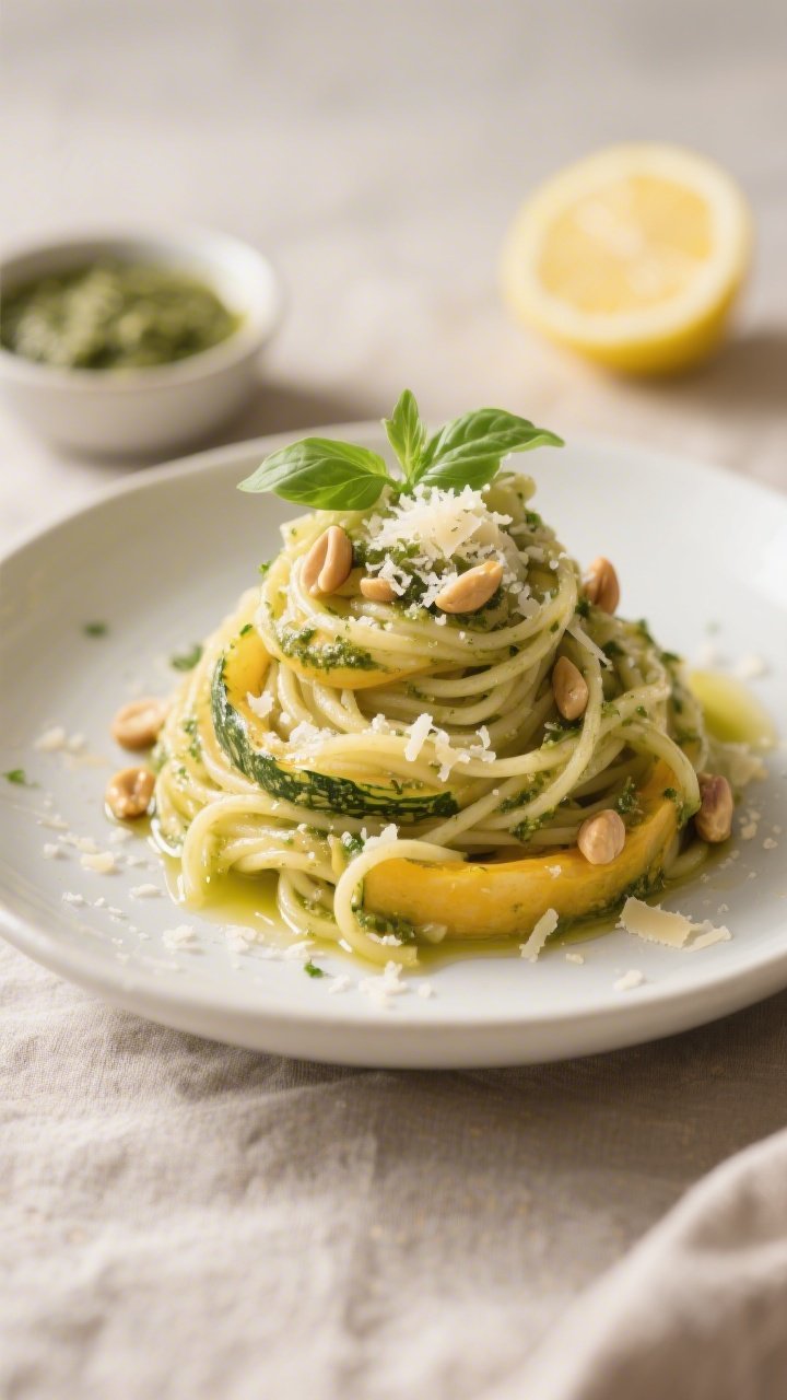 Final plated dish: Keto Pesto Parmesan Spaghetti Squash twirled high into a cozy nest on a matte whi