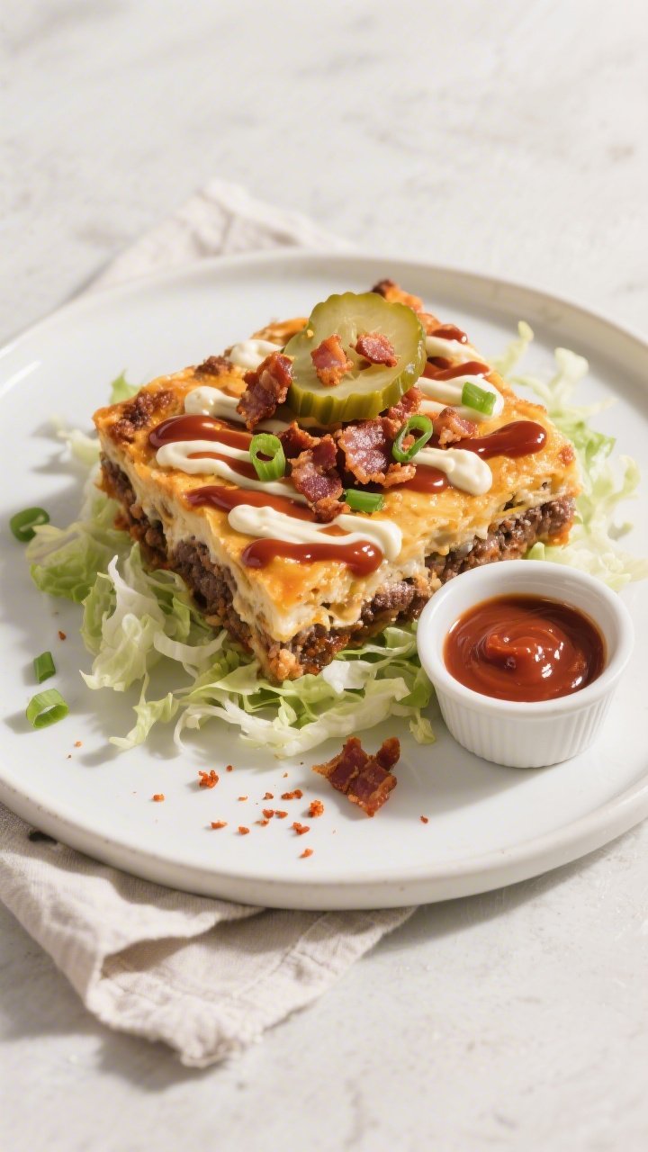 Final plated dish, overhead: A neatly cut square of Keto BBQ Bacon Whopper Casserole on a matte whit