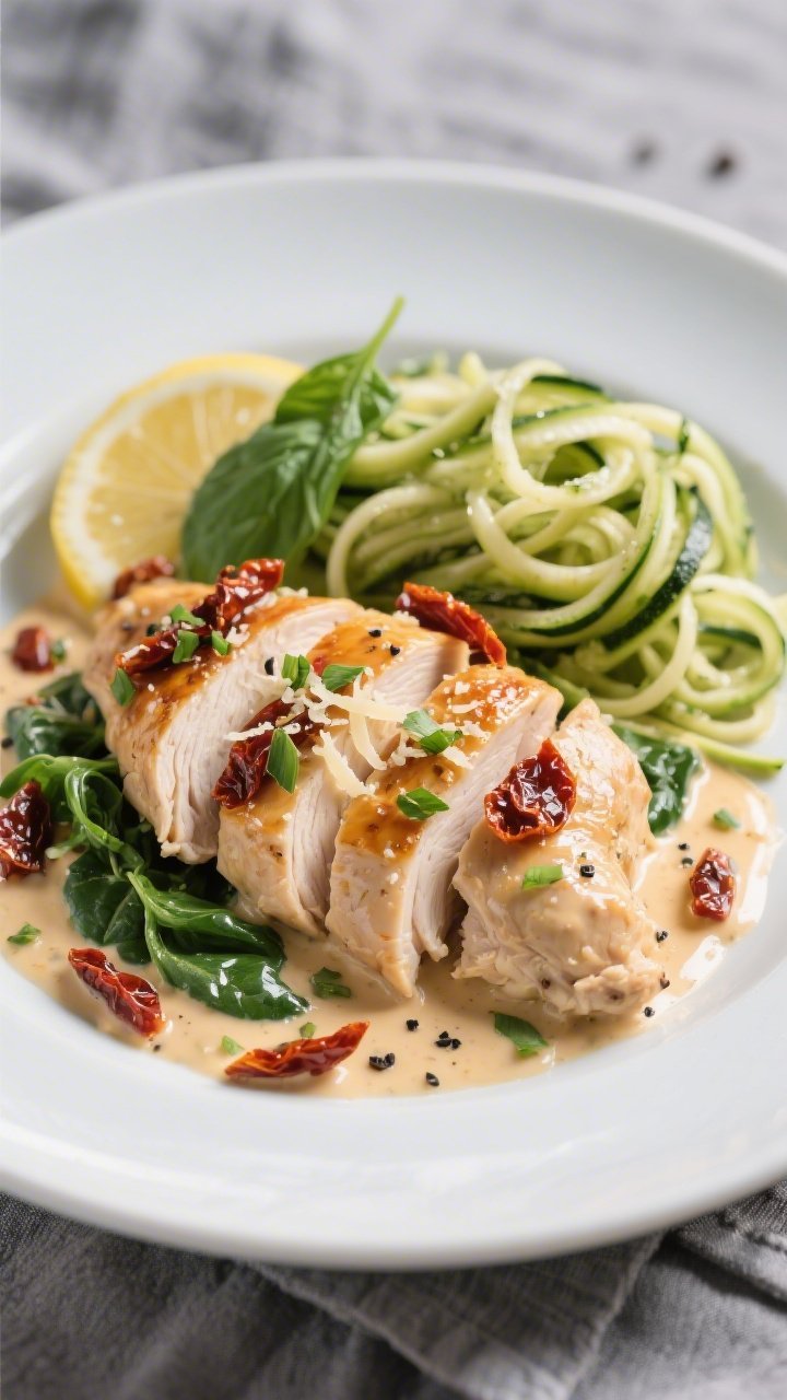 Final plated dish, restaurant presentation: Keto Creamy Sun-Dried Tomato Chicken sliced and fanned o